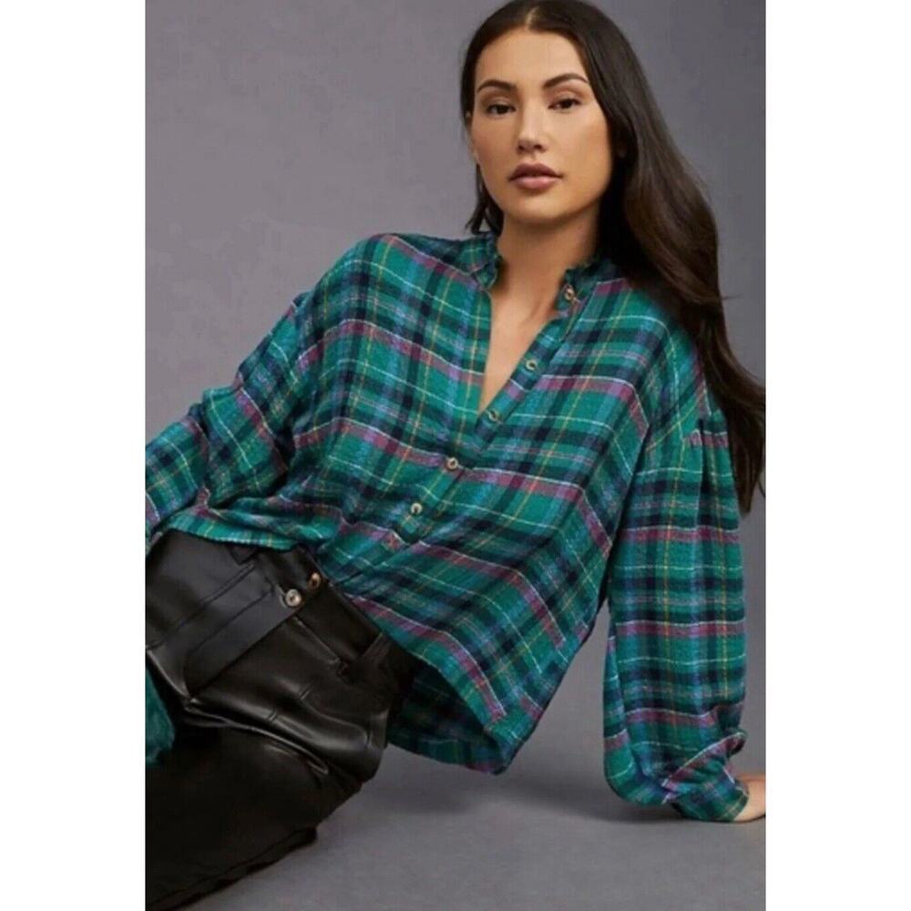 Anthropologie Pilcro Cropped Puff-Sleeve Soft Crinkle Green Plaid Blouse Small - Picture 1 of 13